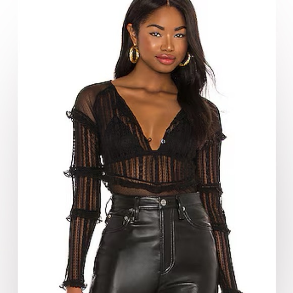 Tularosa Tops - Tularosa - Sheer Detail bodysuit - Ruffled Statement Sleeves - Buttons - Medium